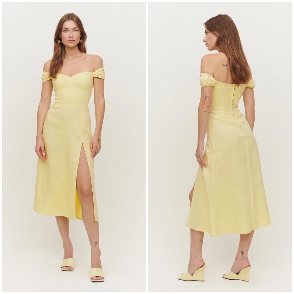 Reformation Yellow Ruched Off-Shoulder Midi Dress